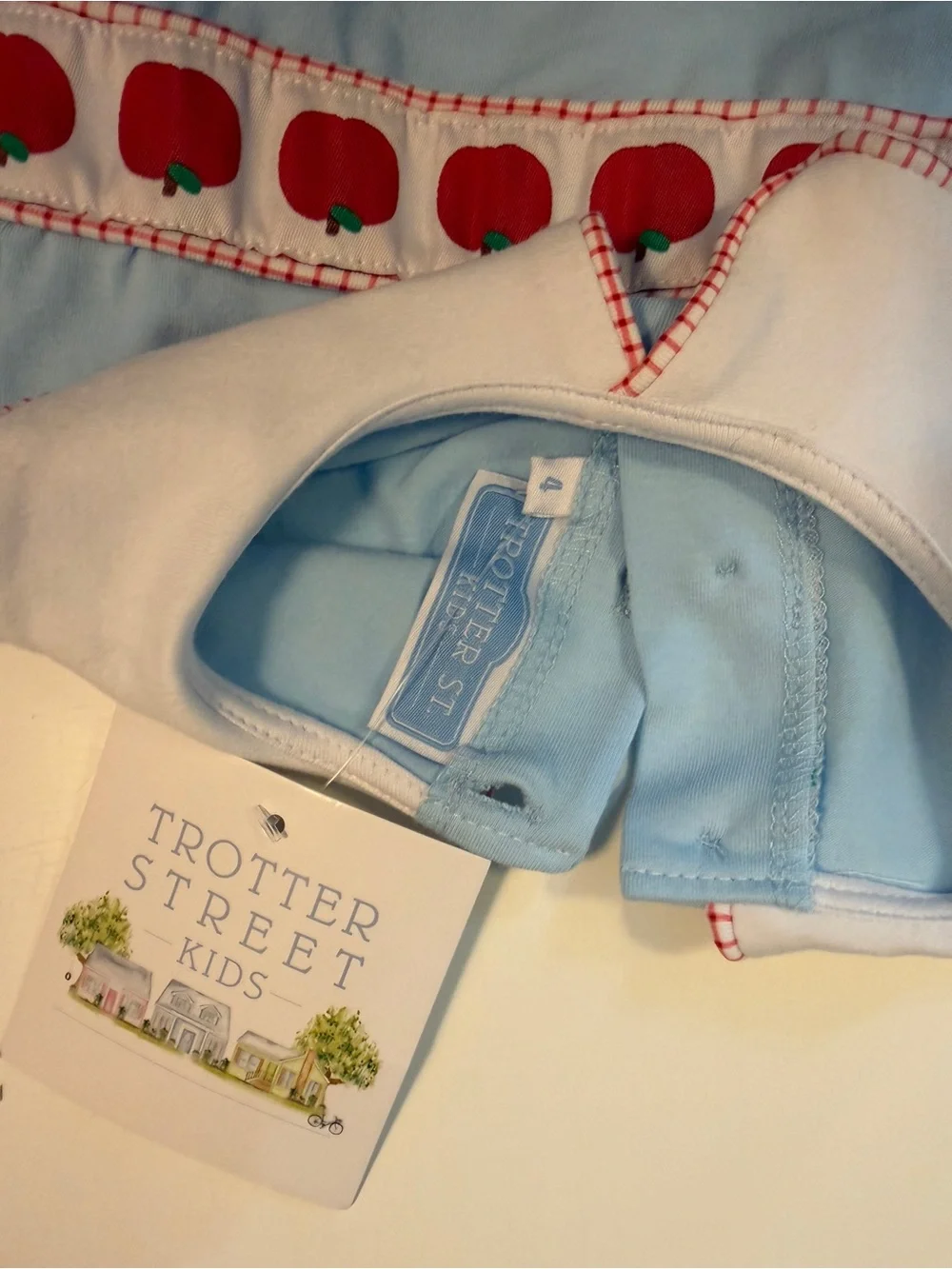 Light Blue Peter-Collar Kids Tee with Red Apple Smocking NWT
